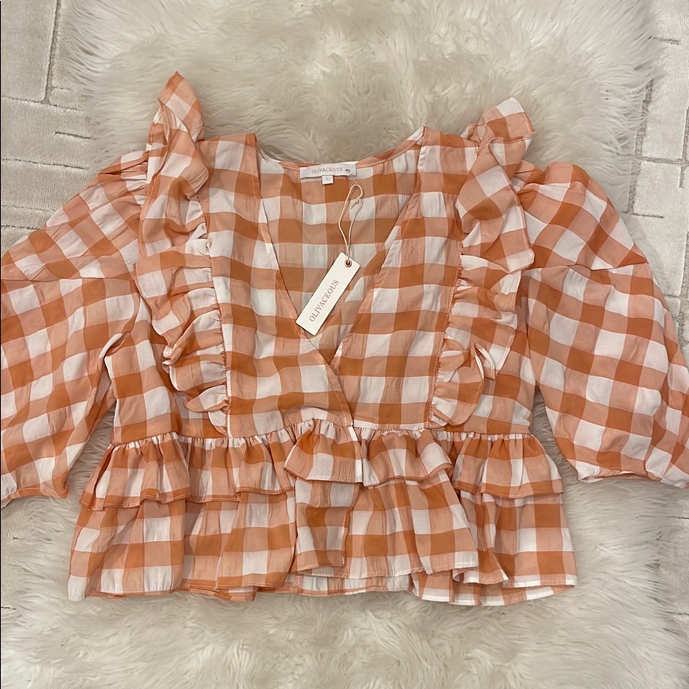 Gingham Ruffle Blouse - Orange and White